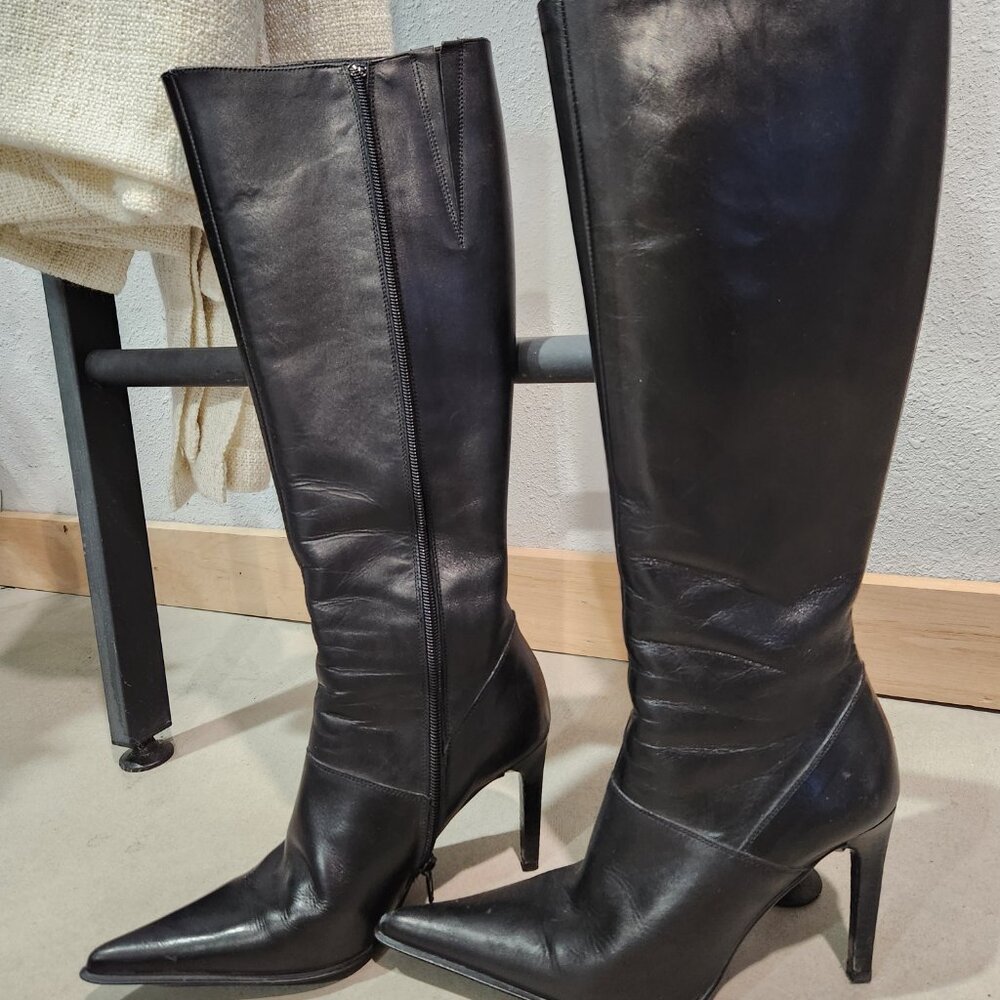 GUESS By Marciano | Black Leather Tall Houston Boots Heel 7W - Picture 3 of 12